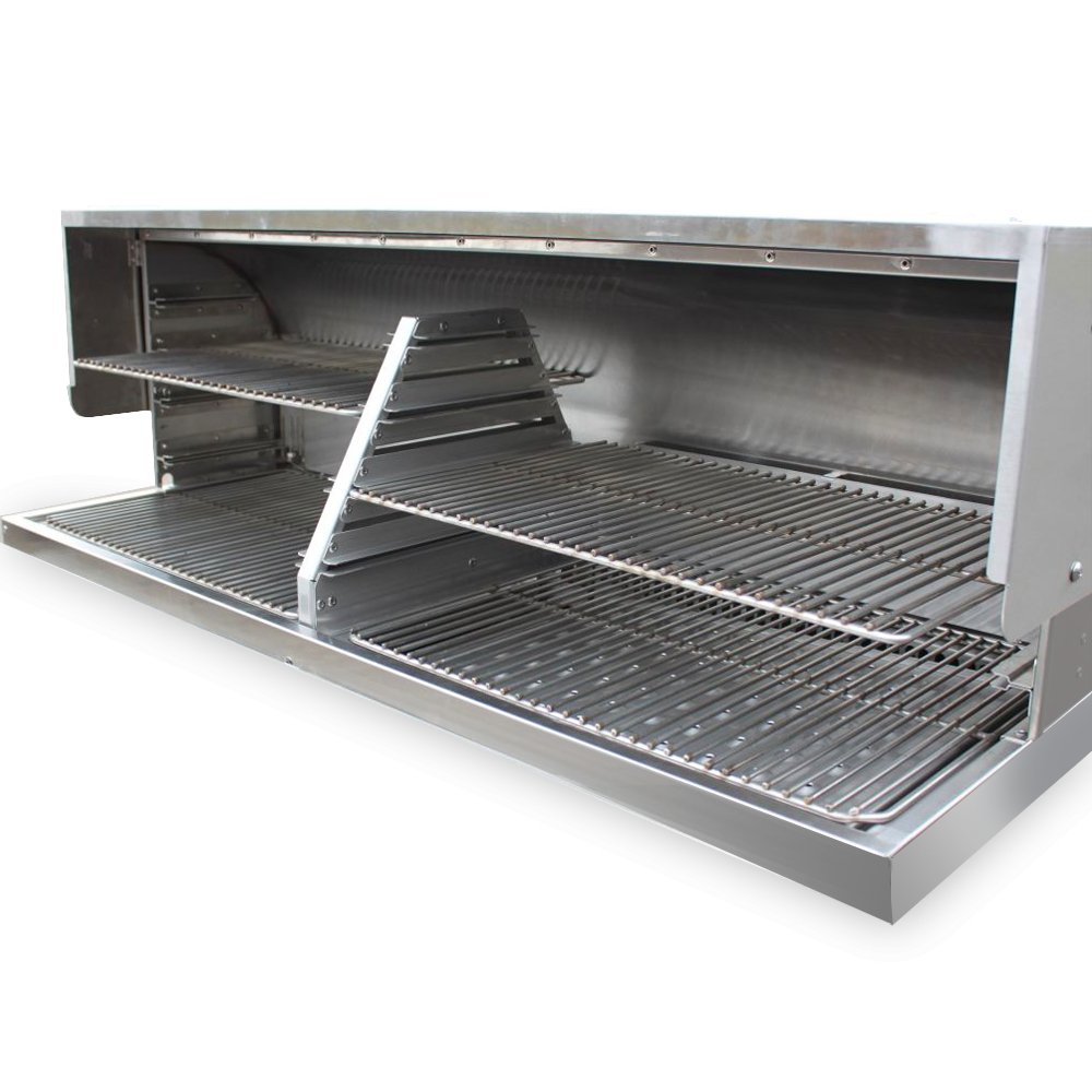 Interior view of a MAK Grills pellet smoker with stainless steel grilling grates and multiple cooking levels.