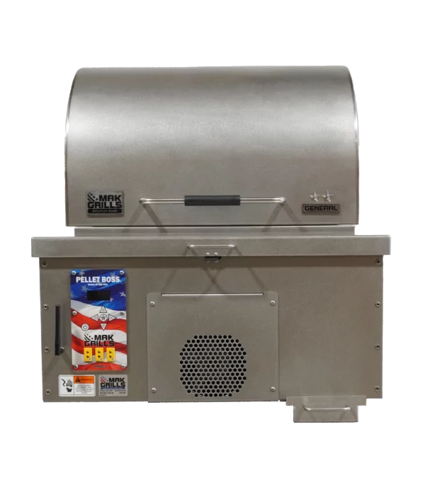 Front view of a MAK Grills pellet smoker with the 'Pellet Boss' control panel, featuring a stainless steel exterior and the model name 'General' on the right.