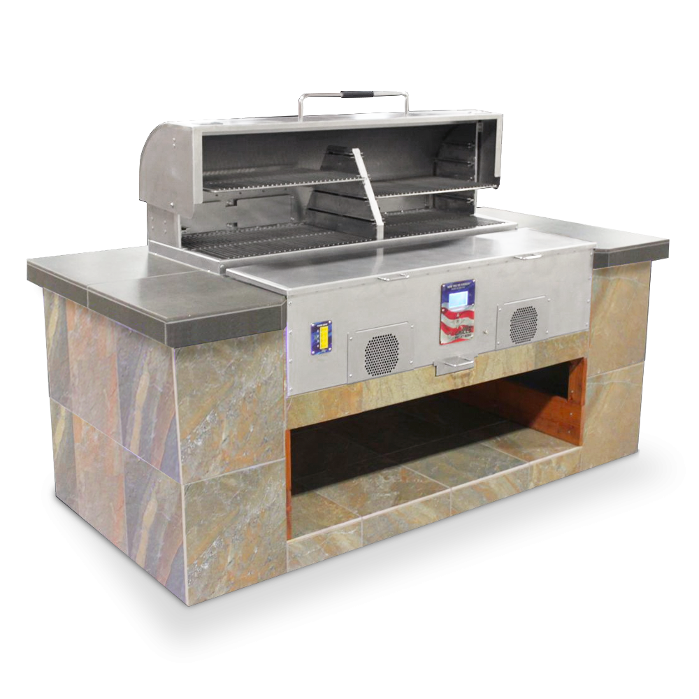 MAK Grills pellet smoker built into a stone-tiled outdoor kitchen counter, with the lid open to reveal the grilling area.