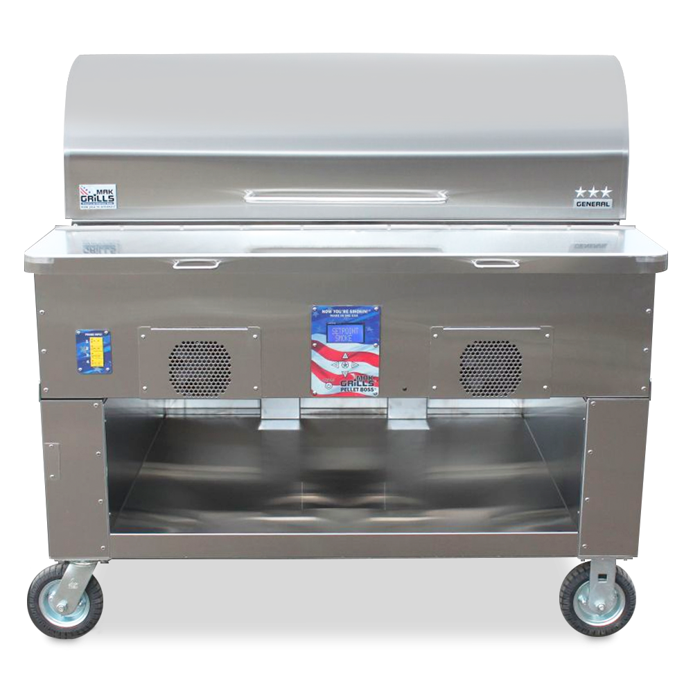 Front view of a MAK Grills pellet smoker on a rolling cart, with a stainless steel exterior and a 'Pellet Boss' control panel.
