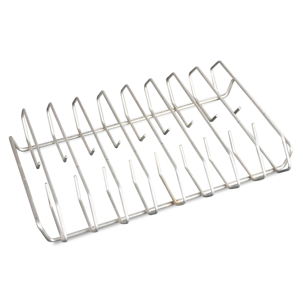 Close-up of the stainless steel MAK Rib Rack, showcasing its durability.
