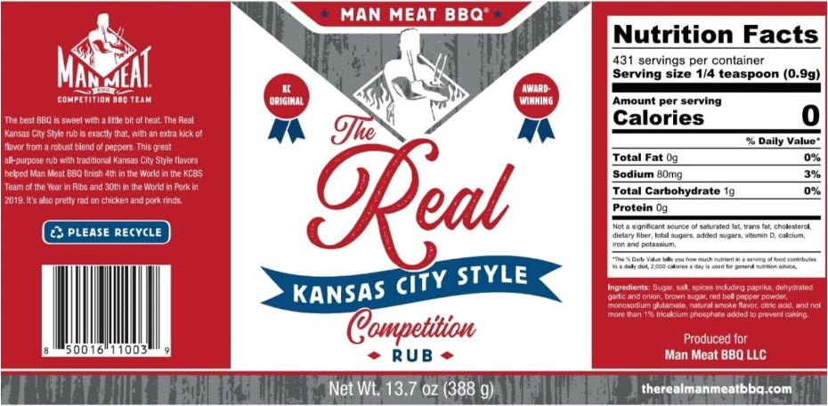 A close-up of the nutrition facts and label information for Man Meat BBQ Kansas City Style Competition Rub. The label includes the product name, a description, a barcode, and the nutritional values, such as 0 calories per serving, 80mg of sodium, and 1g of carbohydrates.