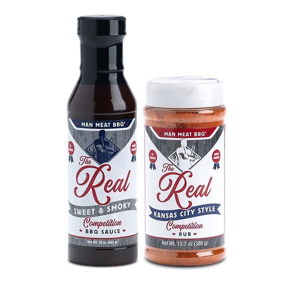Man Meat Bundle with bold BBQ rub and sauce from Big Poppa Smokers, ideal for grilling ribs, steaks and backyard BBQ flavor