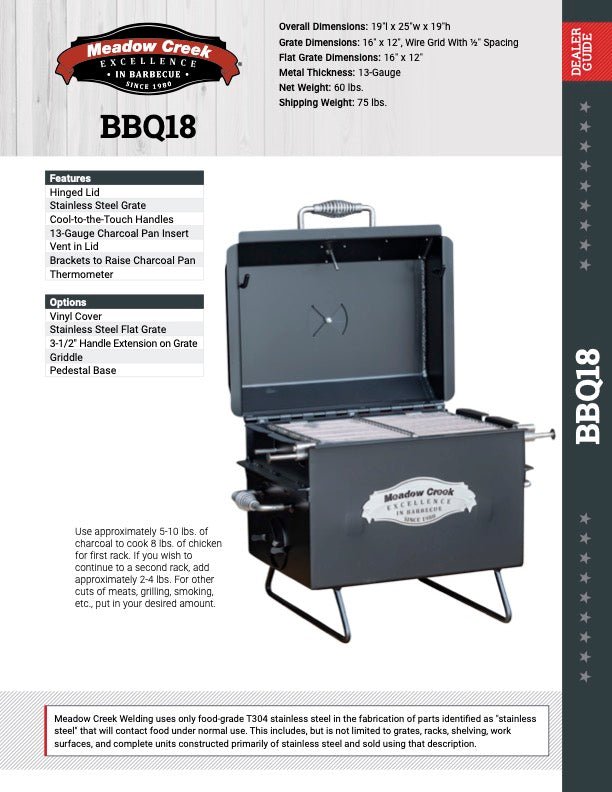 A product specification sheet for the Meadow Creek BBQ18 Chicken Cooker. The sheet includes overall dimensions, grate dimensions, metal thickness, net weight, shipping weight, and features such as a hinged lid, stainless steel grate, cool-to-the-touch handles, and more. The cooker is shown with the lid open, displaying the cooking grate.