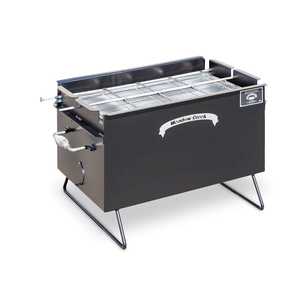 Angled view of the Meadow Creek BBQ26 Chicken Cooker, revealing the cooking grate. The cooker features a "Meadow Creek Excellence in Barbecue Since 1980" logo on the front.