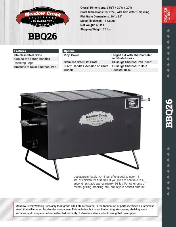 A product specification sheet for the Meadow Creek BBQ26 Chicken Cooker. The sheet includes overall dimensions, grate dimensions, metal thickness, net weight, shipping weight, and features such as stainless steel grate, cool-to-the-touch handles, tabletop legs, and more. The cooker is shown with the grill grate and Meadow Creek branding on the front.