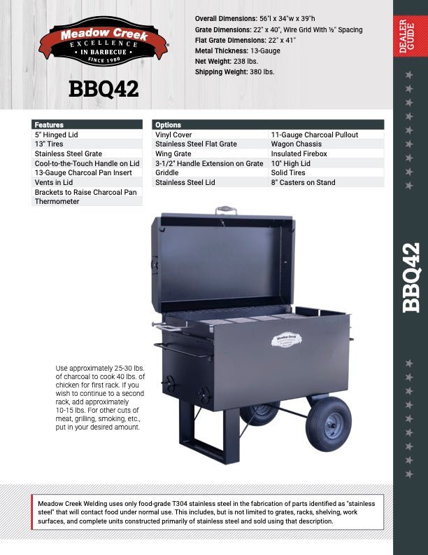 A product specification sheet for the Meadow Creek BBQ42 Chicken Cooker. The sheet includes overall dimensions, grate dimensions, metal thickness, net weight, shipping weight, and features such as a 5" hinged lid, stainless steel grate, 13" tires, and more. The cooker is shown with the lid open, displaying the cooking grate.