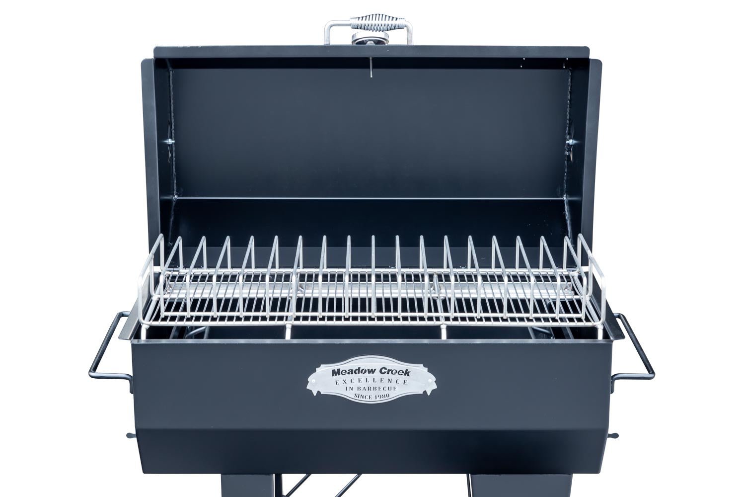 A straight-on view of the Meadow Creek PR36 pig roaster with the lid open, displaying the double-layered metal grates for increased cooking capacity.