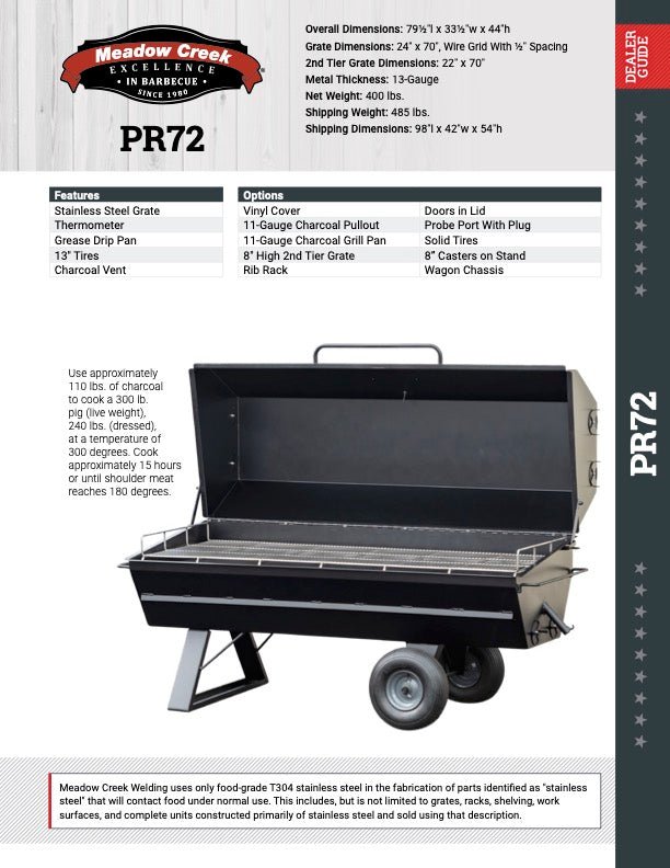 A specification sheet for the Meadow Creek PR72 Pig Roaster. The sheet also contains a picture of the PR72 Pig Roaster with its lid open.