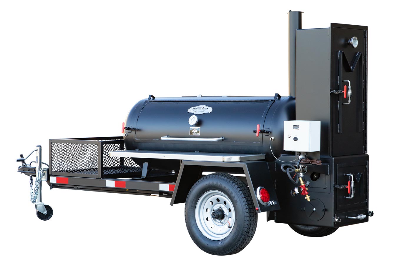 Full view of a Meadow Creek BBQ smoker trailer with a closed smoking chamber and a front utility basket, mounted on a sturdy black frame.