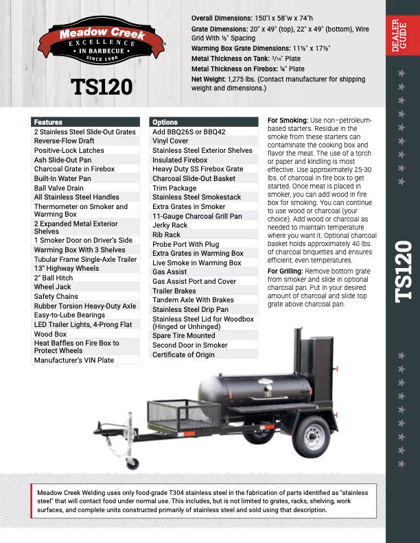 Spec sheet for the Meadow Creek TS120 Tank Smoker Trailer. The sheet includes a detailed list of features, options, and instructions for smoking and grilling.