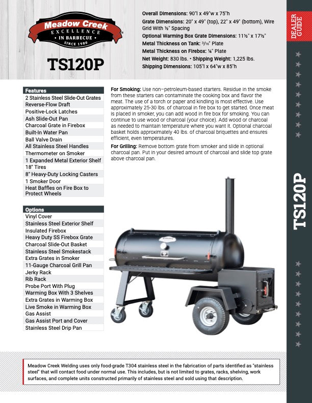 Specification sheet for the Meadow Creek TS120P barbecue smoker. The sheet includes detailed dimensions, features, and options available for the smoker. A large image at the bottom right shows the smoker on a wheeled trailer, with various parts and components highlighted. The top left corner features the Meadow Creek logo and the text "Excellence in Barbecue Since 1980.