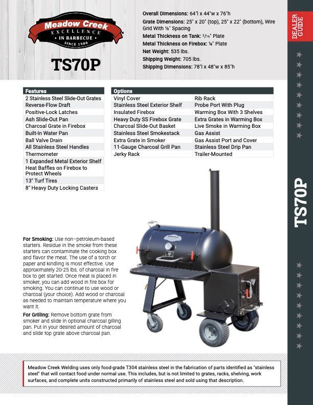 Specification sheet for the Meadow Creek TS70P BBQ smoker. The sheet includes dimensions, features, options, and a picture of the smoker. The features list includes stainless steel grates, reverse-flow draft, positive-lock latches, and other components. The options list includes items like a rib rack, probe port with plug, and an insulated firebox.