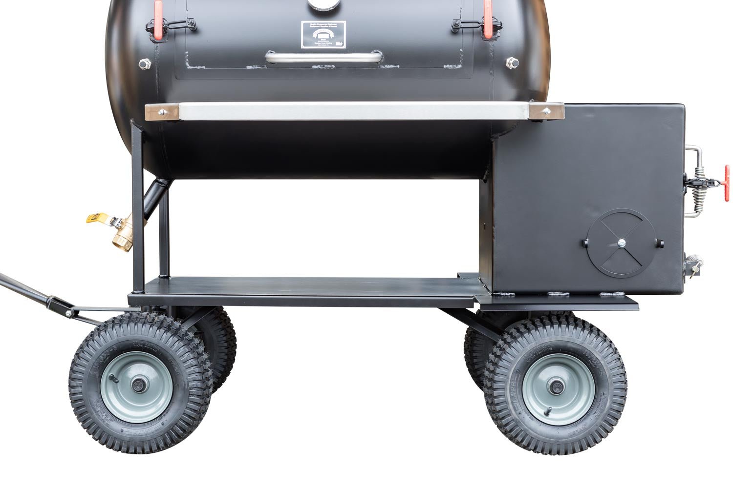 Side view of the bottom part of a black BBQ smoker, showing its large, rugged wheels and a support frame.