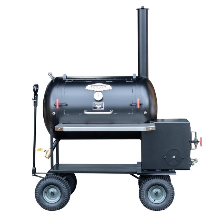 A black BBQ smoker with a closed lid, showing a built-in thermometer and a chimney. The smoker is mounted on a large wheeled frame for mobility.