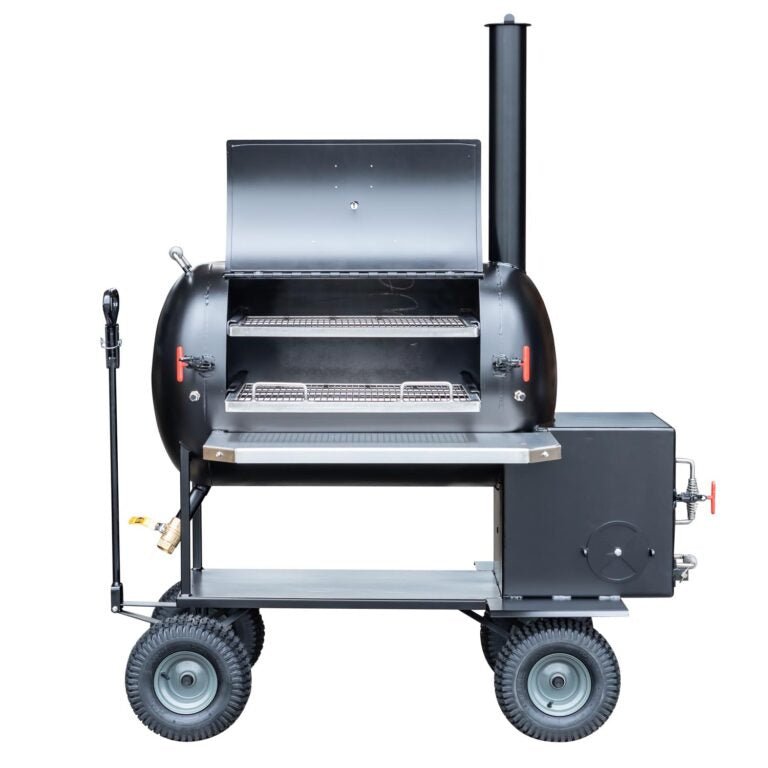 Front view of a black BBQ smoker with an open lid, revealing two wire racks. The smoker is mounted on a sturdy frame with large wheels and features a tall chimney.