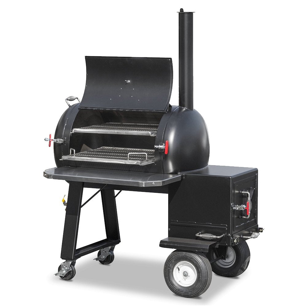 A black, barrel-shaped BBQ smoker with an open lid, revealing two wire racks inside. The smoker has large wheels for mobility and a chimney on the top.