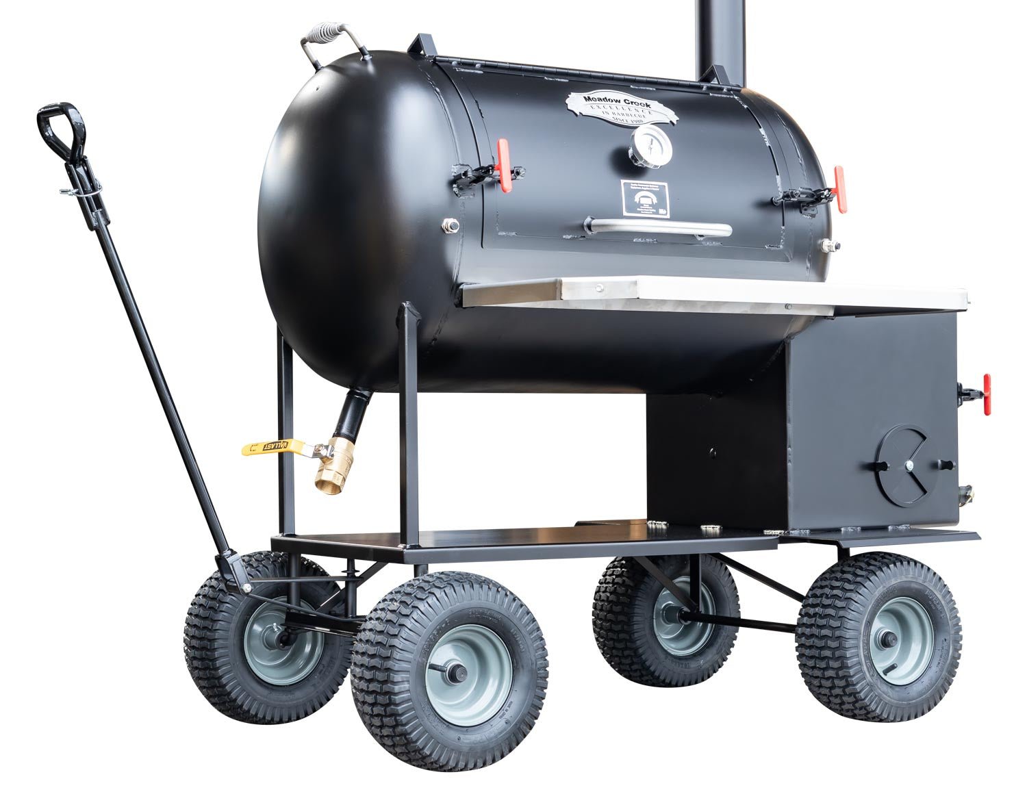 A black, barrel-shaped BBQ smoker with large wheels and a handle for mobility. The smoker has a closed lid, a chimney, and is mounted on a sturdy frame.