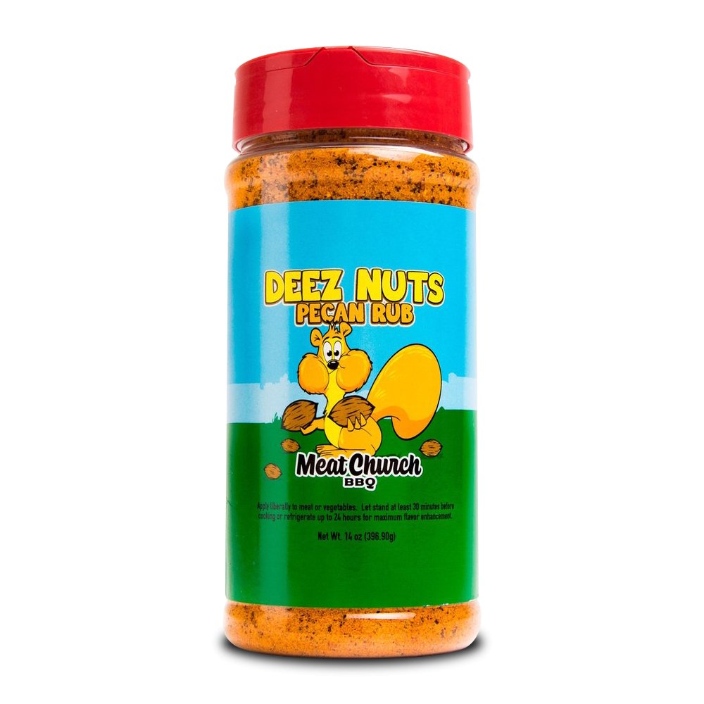 A 14-ounce jar of Meat Church Deez Nuts Pecan Rub. The label is blue and green with yellow text and features a cartoon squirrel holding pecans. The jar has a red lid and contains a coarse, reddish-brown spice mix.