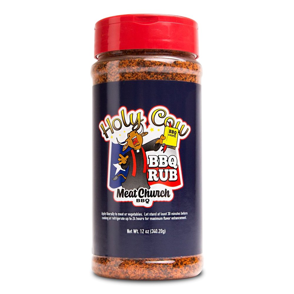 A 12-ounce bottle of Meat Church Holy Cow BBQ Rub, featuring a label with rustic, Texan-inspired graphics, prominently displaying the rub's name and its gluten-free, MSG-free qualities.