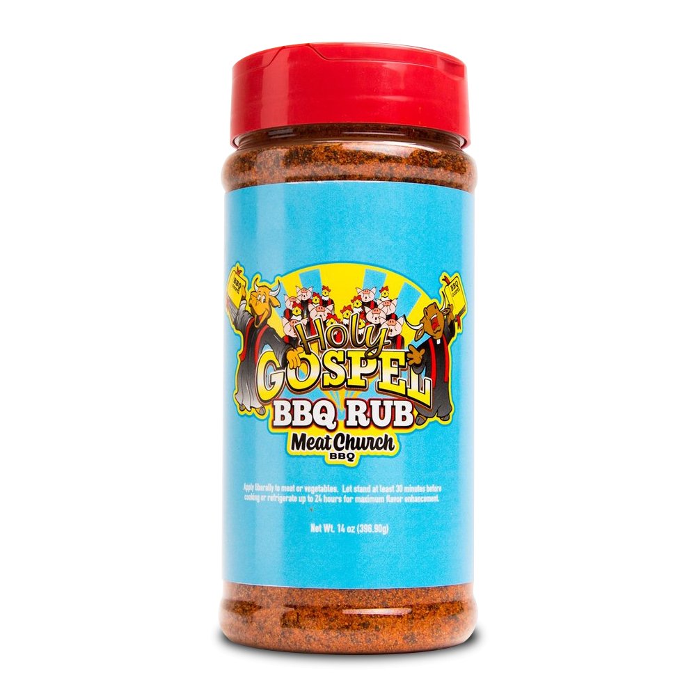 A 14-ounce jar of Meat Church Holy Gospel BBQ Rub. The label is bright blue with yellow text and features cartoon characters of preachers and a choir. The jar has a red lid and contains a coarse, reddish-brown spice mix.