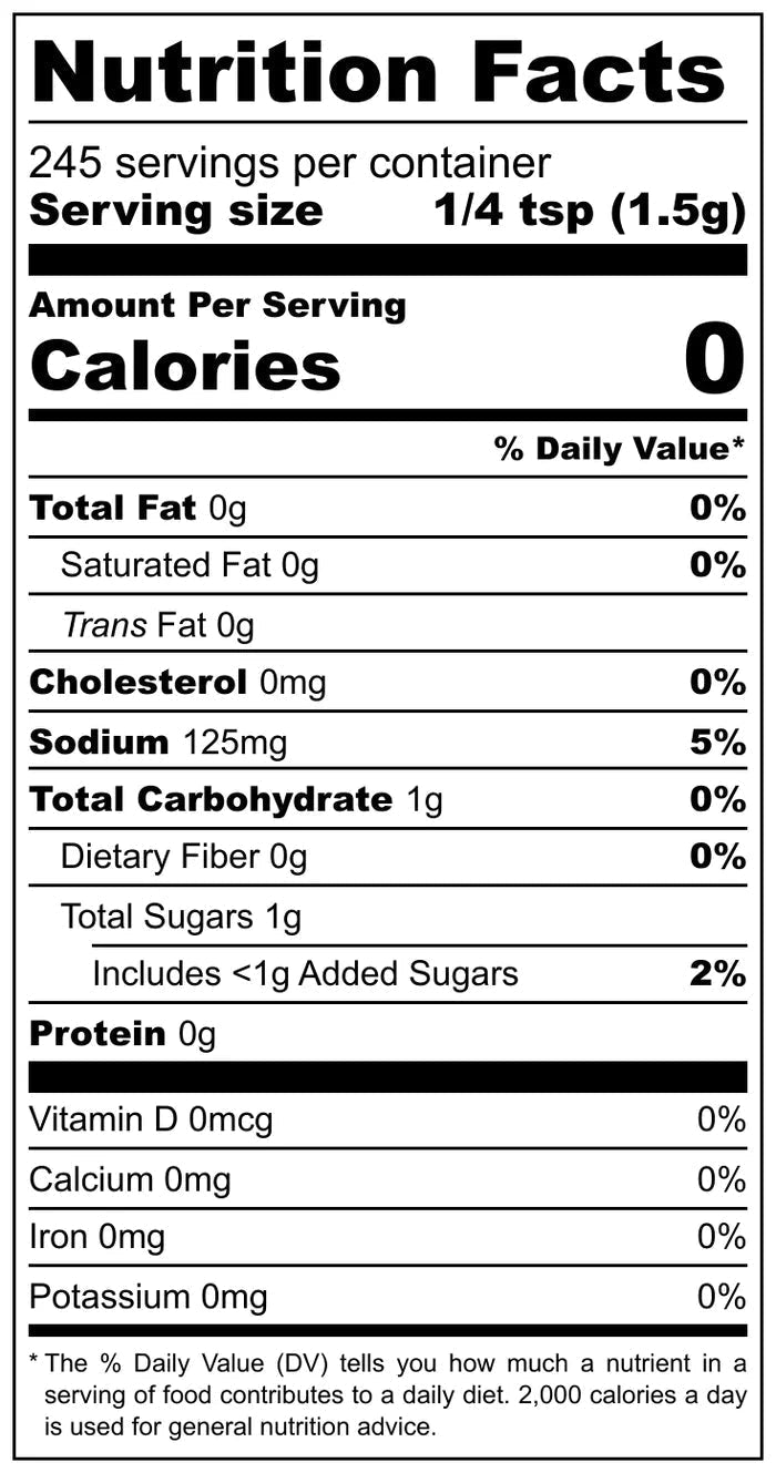 Nutrition Facts label for Meat Church Honey Bacon BBQ Rub. It shows a serving size of 1/4 teaspoon (1.5g) with 0 calories, 0g total fat, 125mg sodium, 1g total carbohydrate, and 0g protein. The label also lists about 245 servings per container.