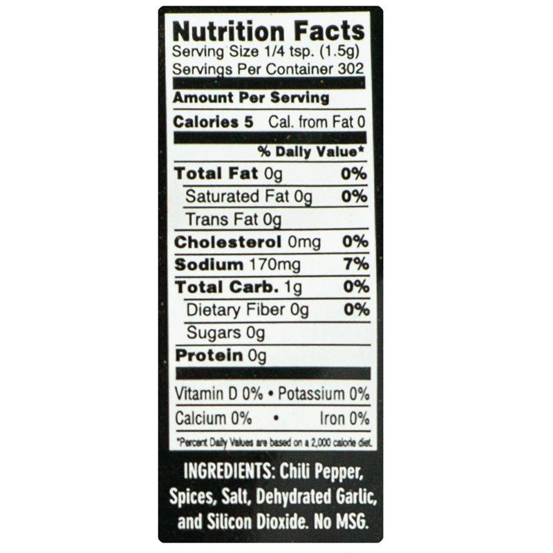 Nutrition Facts label for Meat Church Texas Chili Seasoning. It shows a serving size of 1/4 teaspoon (1.5g) with 5 calories, 0g total fat, 170mg sodium, 1g total carbohydrate, and 0g protein. The label also lists about 302 servings per container. Ingredients include chili pepper, spices, salt, dehydrated garlic, and silicon dioxide.