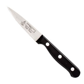 Close-up image of the Messermeister Park Plaza 3.5" Spear Point Parer. The knife features a sharp, high-carbon stainless steel blade with a spear point, perfect for precision tasks like peeling and slicing. It has a durable, ergonomic handle for comfortable use. 