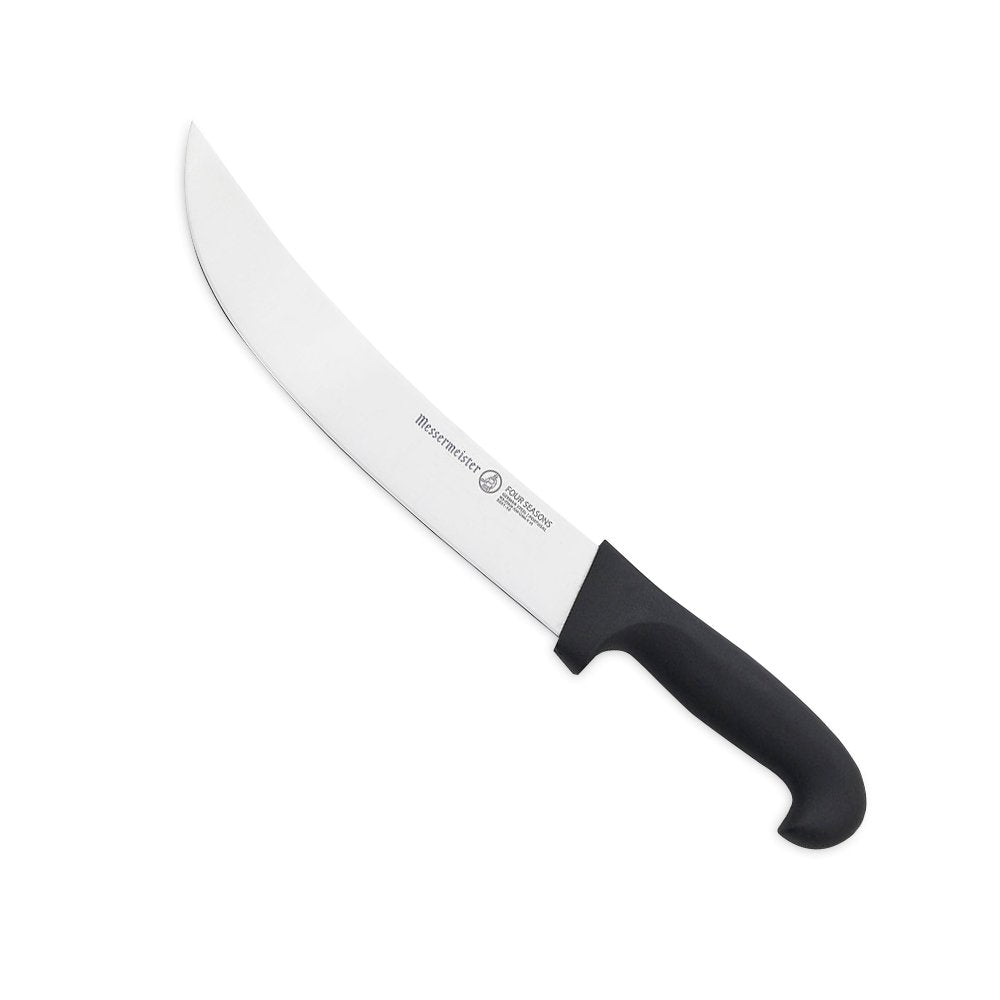 Close-up image of the Messermeister Pro Series 10'' Scimitar Knife. The knife features a curved high-carbon stainless steel blade, ideal for precision cutting and slicing large cuts of meat. It has a durable, ergonomic handle for comfortable use. 