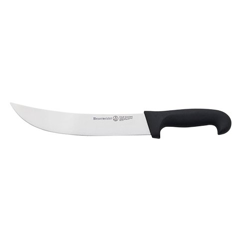 Close-up image of the Messermeister Pro Series 10'' Scimitar Knife. The knife features a curved high-carbon stainless steel blade, ideal for precision cutting and slicing large cuts of meat. It has a durable, ergonomic handle for comfortable use. 