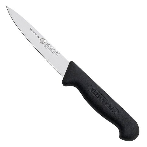 Close-up image of the Messermeister Pro Series 4" Spear Point Paring Knife. The knife features a high-carbon stainless steel blade with a sharp spear point, ideal for precision tasks. It has a durable, ergonomic handle for comfortable use. 