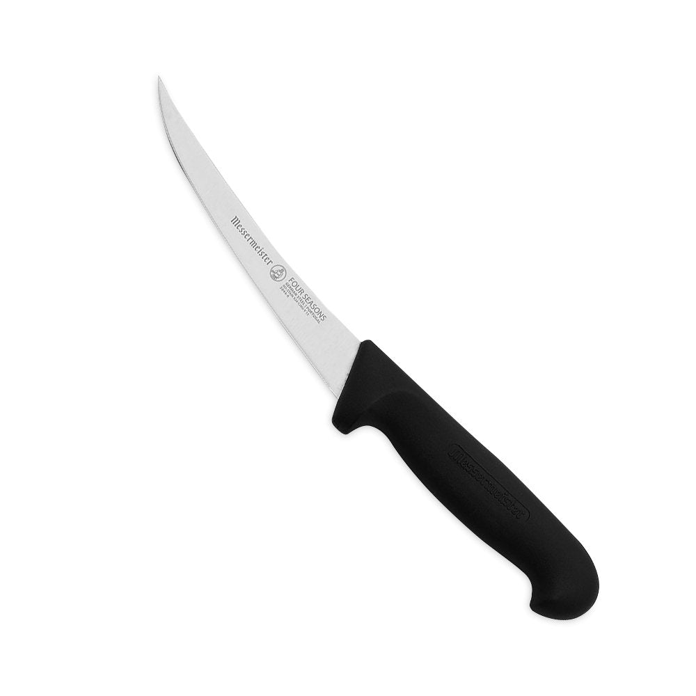 Close-up of the Messermeister Four Seasons 6" Flexible Boning Knife with a sleek black handle and sharp, flexible blade, ideal for precise meat trimming and deboning. 