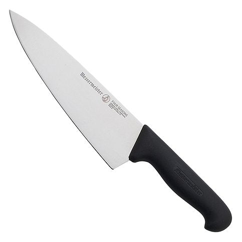 A Messermeister Pro Series 8-inch Chef's Knife, featuring a sleek, ergonomic handle and a polished, precision-forged blade designed for professional and home kitchens alike.