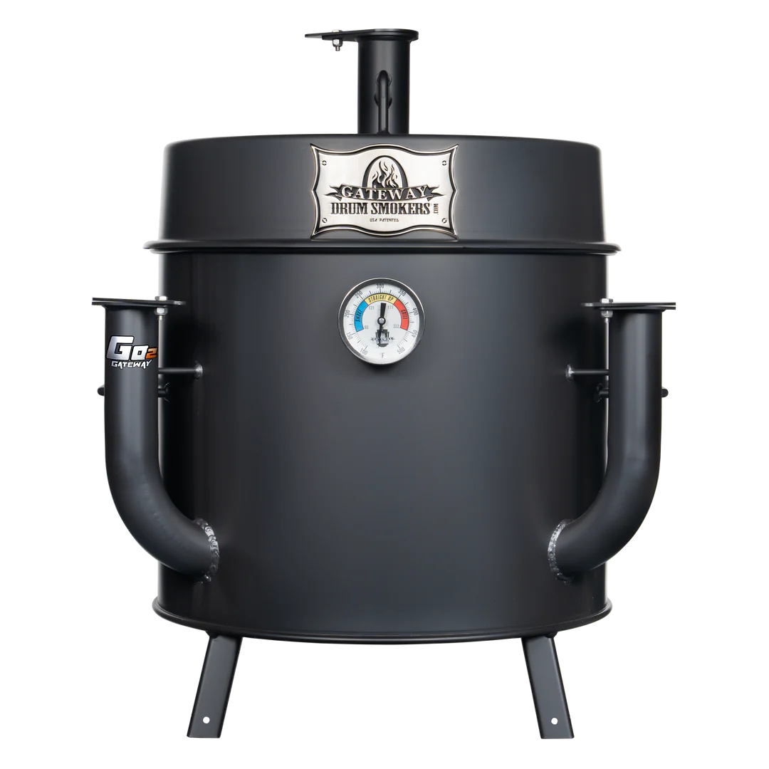The front view of a black mini drum smoker with a 'Go2 Gateway' logo, featuring a temperature gauge and smoke stack on top.