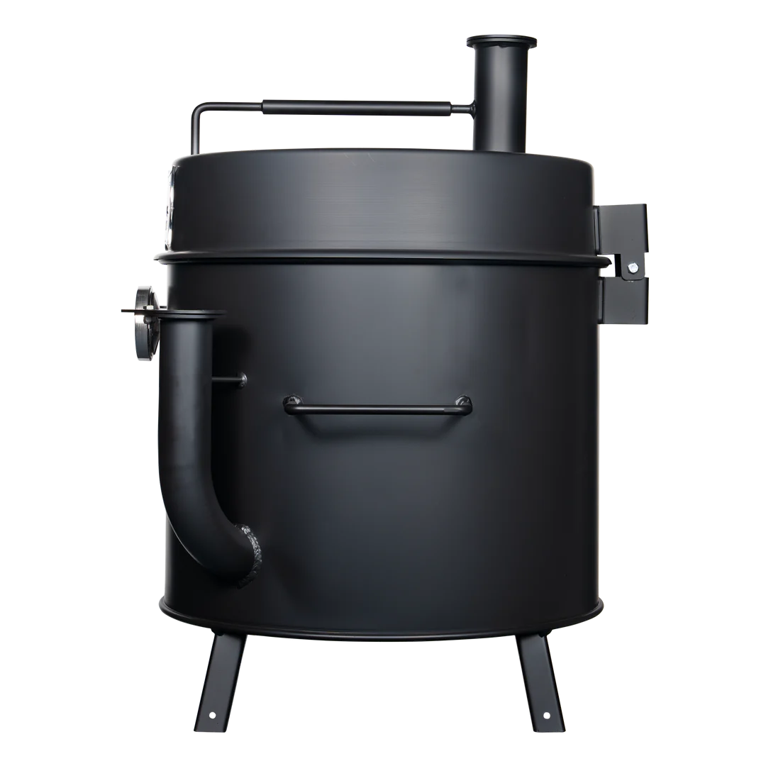 The side view of a black mini drum smoker, displaying its simple, cylindrical design with a smoke stack on top.