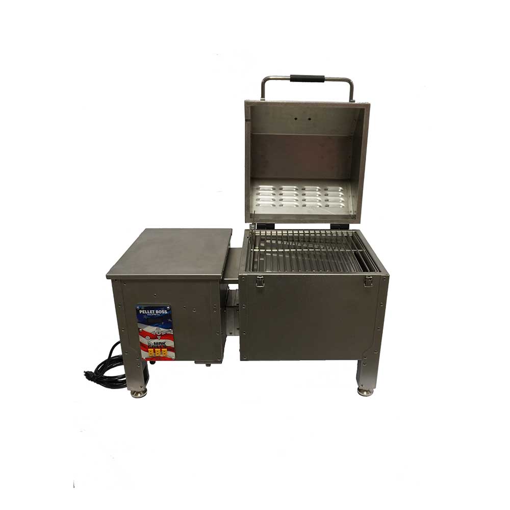 A stainless steel pellet grill with an open lid, showing the grilling grate and the pellet hopper on the left side. The grill has four sturdy legs and an attached power cord.