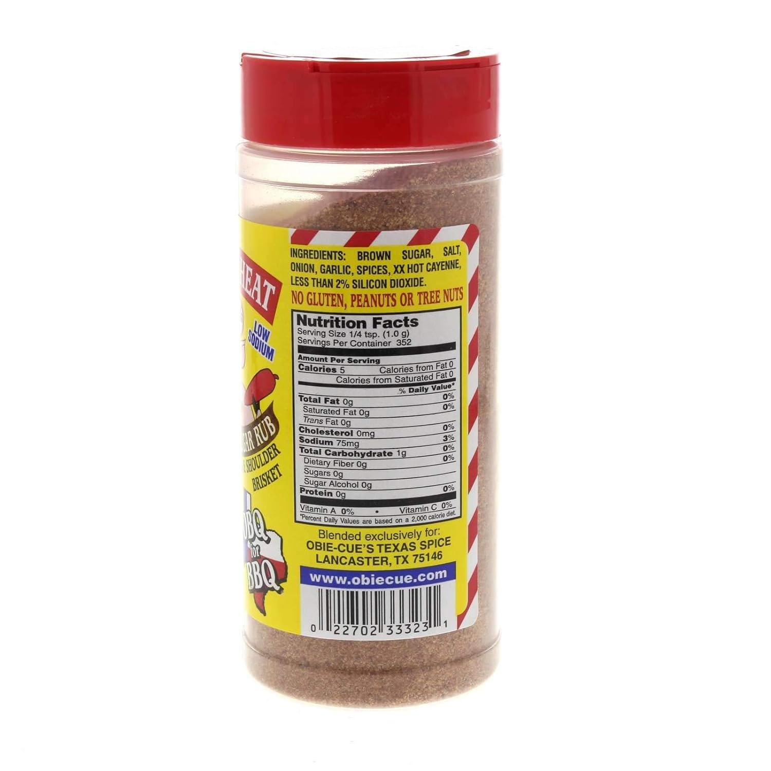 Back view of Obie-Cue's Sweet N' Heat Spicy Brown Sugar Rub bottle. The label provides nutritional information and ingredients such as brown sugar, salt, onion, garlic, spices, and hot cayenne. It also states the product is free of gluten, peanuts, and tree nuts.