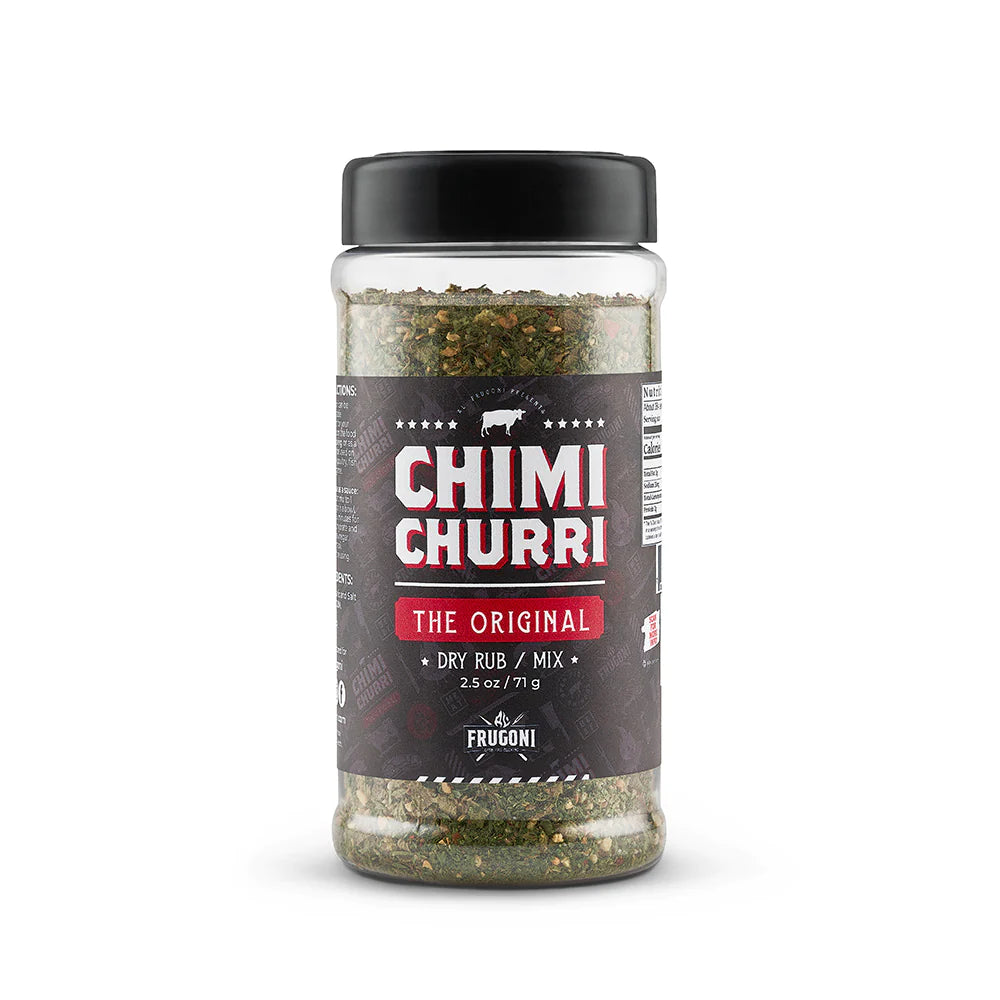 A jar of Frugoni's Original Chimichurri dry rub/mix with a black label, standing upright in front of a white background