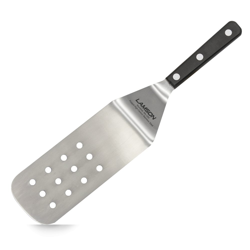 Lamson Perforated Turner, high-quality stainless steel tool with wooden handle for efficient flipping and draining of burgers and steaks on griddles and BBQ grills