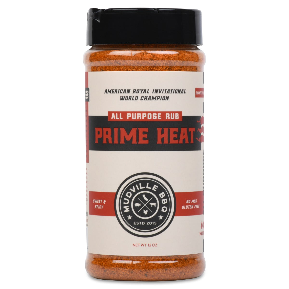 Front view of a bottle of Mudville BBQ Prime Heat All Purpose Rub. The label highlights the rub as an American Royal Invitational World Champion, promoting its sweet and spicy flavor. The bottle contains 12 oz of rub, and the label states it is free from MSG and gluten.