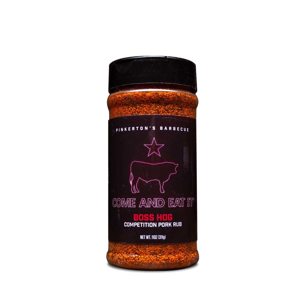 Jar of Pinkerton’s Boss Hog Pork Rub with a black label and red seasoning, labeled “Come and Eat It – Boss Hog.