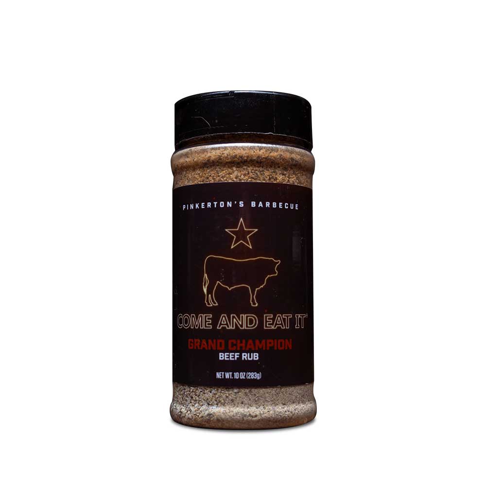 Jar of Pinkerton’s Grand Champion Beef Rub with a black label featuring a cow and the phrase “Come and Eat It.