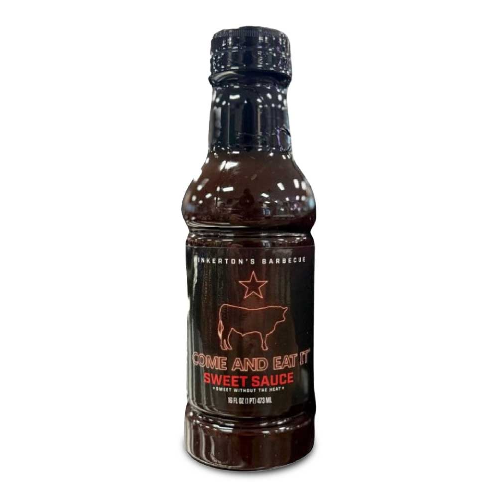 Bottle of Pinkerton’s Barbecue Sweet Sauce labeled “Come and Eat It – Sweet Sauce, Sweet without the Heat.