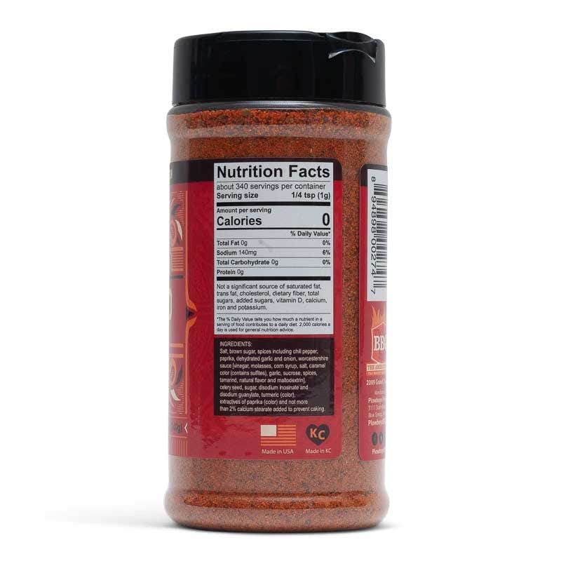 The back of a 12-ounce jar of Plowboys BBQ Bovine Bold seasoning blend. The label displays nutrition facts and ingredients.