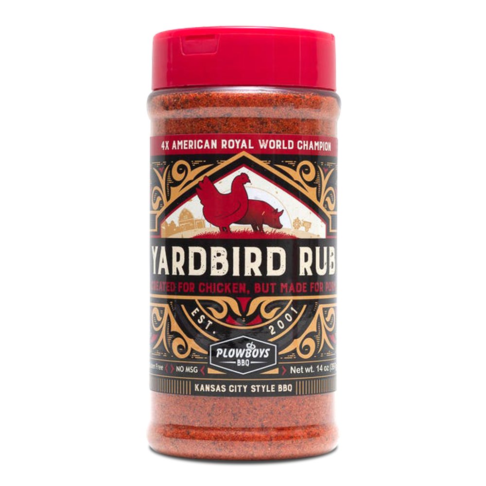 A 14-ounce jar of Plowboys BBQ Yardbird Rub seasoning blend. The jar has a red lid and a label featuring a red silhouette of a chicken and a pig against a farm background. The label reads "4X American Royal World Champion" and "Yardbird Rub: Created for Chicken, but Made for Pork." The bottom of the label indicates "Kansas City Style BBQ" and mentions that the seasoning is MSG-free.