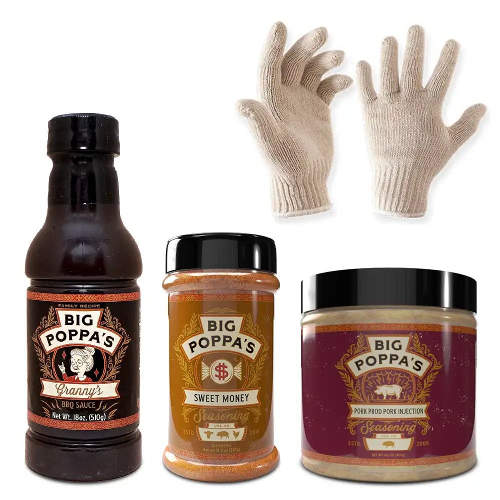 Three Big Poppa's products including a bottle, jar, and container with gloves on a white background.