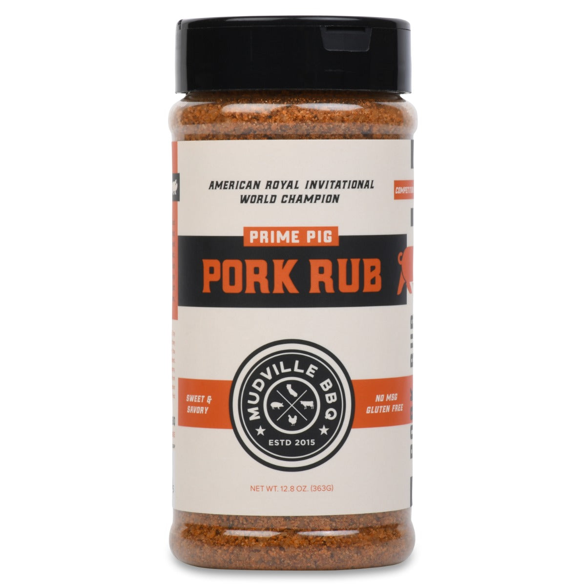 Front view of a Prime Pig Pork Rub bottle. The label highlights that it is a pork rub, American Royal Invitational World Champion, with sweet and savory flavors, and is free of MSG and gluten.