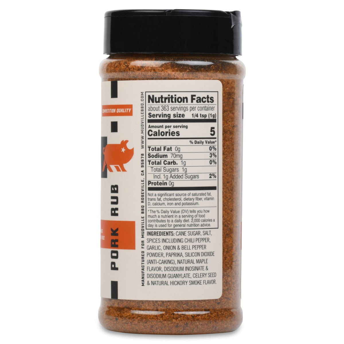 Side view of a Prime Pig Pork Rub bottle showing nutrition facts. Each serving is 1/4 tsp with 5 calories, 70mg sodium, 1g total carbohydrates, and 1g of added sugars. Ingredients include cane sugar, salt, spices, garlic, onion, bell pepper, and natural flavors.