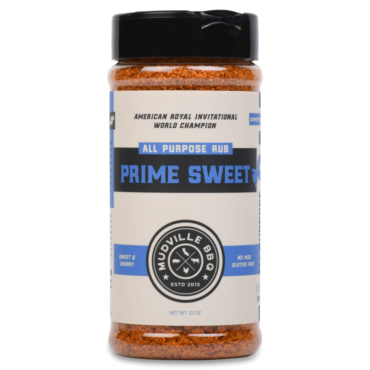 Front view of a Mudville BBQ "Prime Sweet" all-purpose rub bottle. The label states it is an award-winning blend suitable for various meats and vegetables, with a sweet and savory flavor profile.