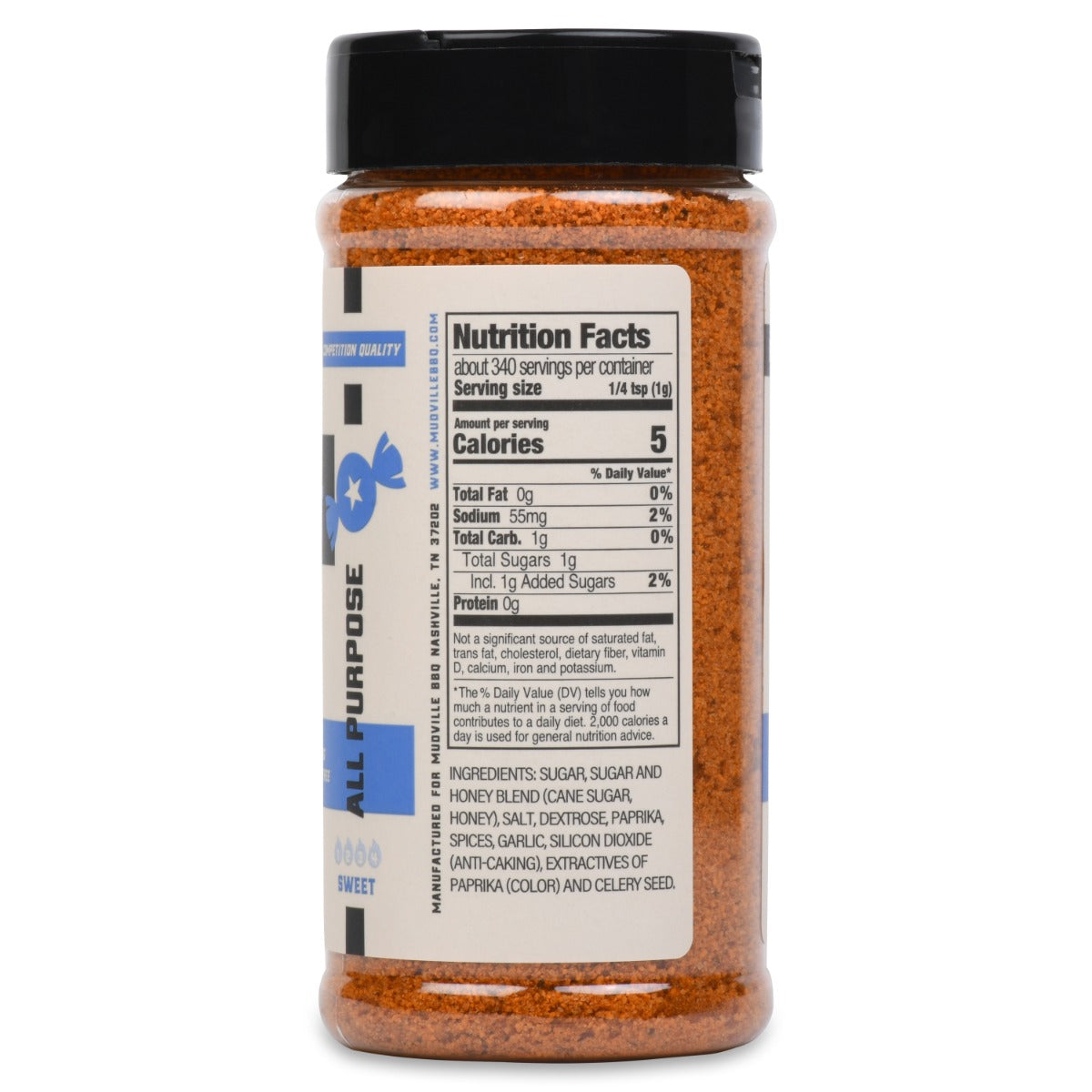 Right view of a "Prime Sweet" rub bottle from Mudville BBQ, showing the nutrition facts label and a list of ingredients, including sugar, honey, salt, paprika, garlic, and spices.